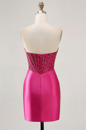 Strapless Fuchsia Corset Homecoming Dress with Beading